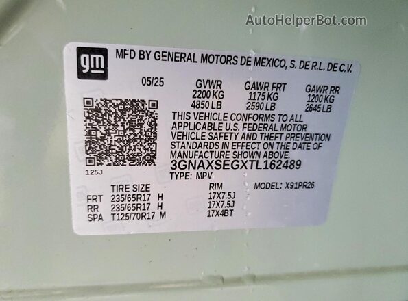 3GNAXSEGXTL162489 2026 CHEVROLET EQUINOX Зеленый Вид наклейки с VIN-кодом