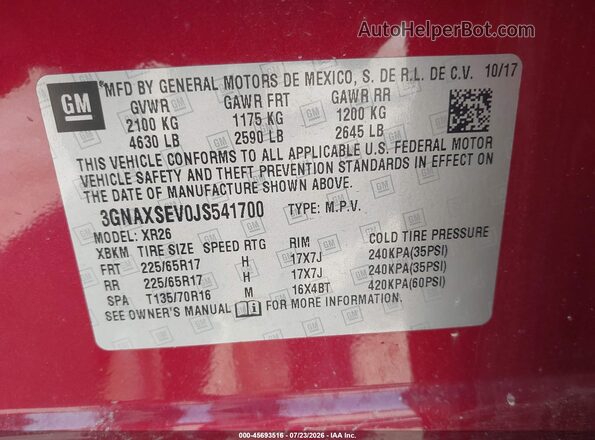 3GNAXSEV0JS541700 2018 CHEVROLET EQUINOX Red ძრავის განყოფილების ხედი
