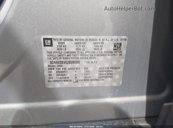 3GNAXSEV0JS586006 2018 CHEVROLET EQUINOX Pewter Vista del compartimento del motor