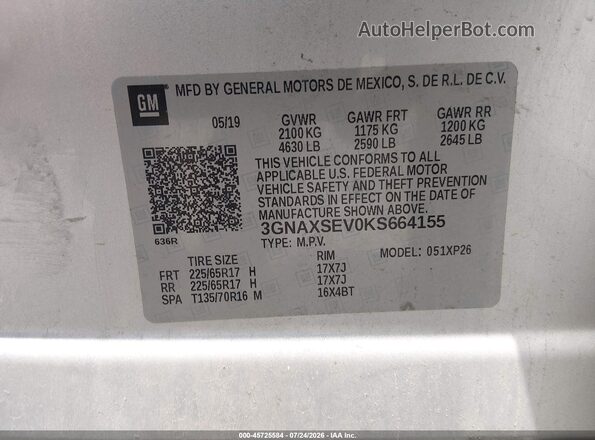 3GNAXSEV0KS664155 2019 CHEVROLET EQUINOX Silver Շարժիչի բաժամունքի տեսք