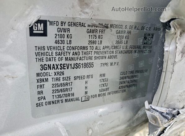 3GNAXSEV1JS618655 2018 CHEVROLET EQUINOX Silver Widok naklejki z numerem VIN