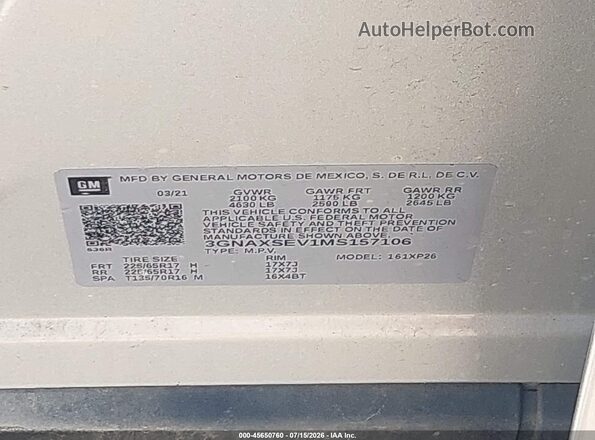 3GNAXSEV1MS157106 2021 CHEVROLET EQUINOX Silver Engine compartment view