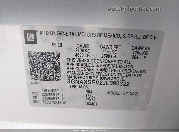3GNAXSEV2JL390322 2018 CHEVROLET EQUINOX Gray Vista del compartimento del motor