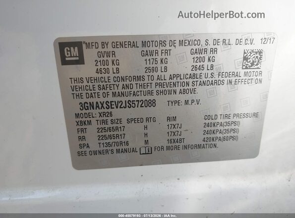 3GNAXSEV2JS572088 2018 CHEVROLET EQUINOX White Вид підкапотного простору