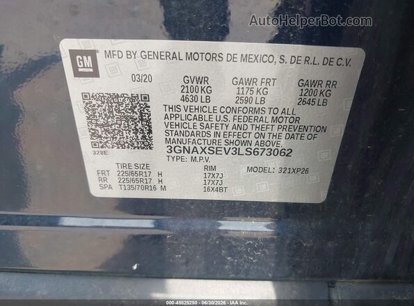 3GNAXSEV3LS673062 2020 CHEVROLET EQUINOX  Vista del compartimento del motor