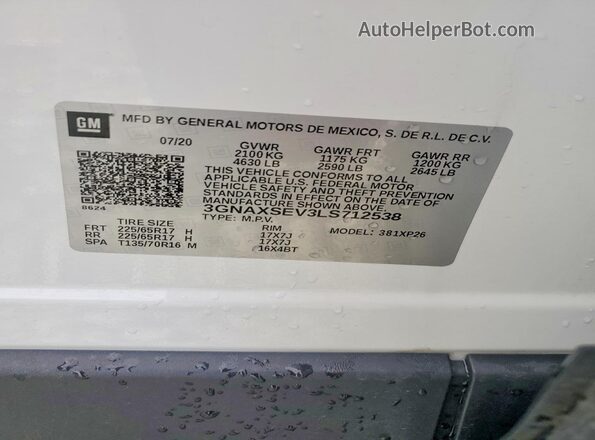 3GNAXSEV3LS712538 2020 CHEVROLET EQUINOX Белый Вид наклейки с VIN-кодом