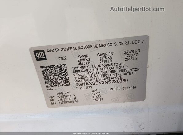 3GNAXSEV3NS226380 2022 CHEVROLET EQUINOX White Вид підкапотного простору