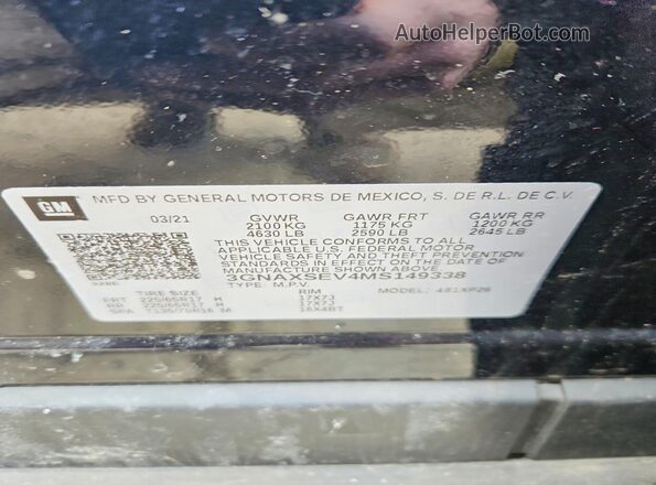 3GNAXSEV4MS149338 2021 CHEVROLET EQUINOX Синий Вид наклейки с VIN-кодом