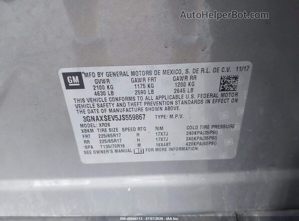 3GNAXSEV5JS559867 2018 CHEVROLET EQUINOX Серебряный Вид подкапотного пространства