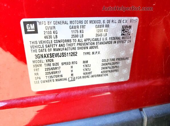 3GNAXSEV6JS511262 2018 CHEVROLET EQUINOX Red Vista interior de 360 grados