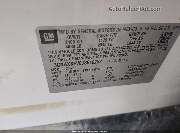 3GNAXSEV8JS610262 2018 CHEVROLET EQUINOX White Շարժիչի բաժամունքի տեսք