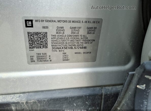3GNAXSEV8LS724846 2020 CHEVROLET EQUINOX Silver Vista del compartimento del motor