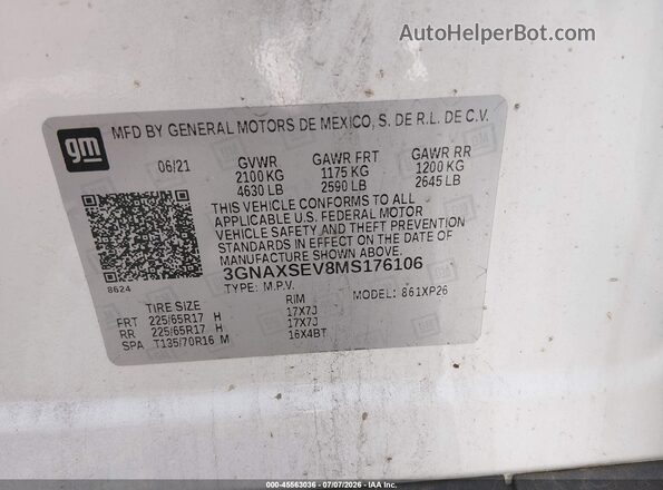3GNAXSEV8MS176106 2021 CHEVROLET EQUINOX White Widok komory silnika