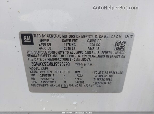 3GNAXSEV9JS576798 2018 CHEVROLET EQUINOX White Vista del compartimento del motor