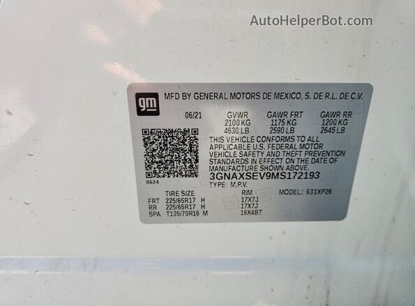 3GNAXSEV9MS172193 2021 CHEVROLET EQUINOX White Панорамний вид салону 360°