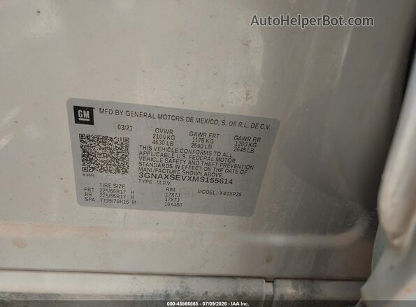 3GNAXSEVXMS155614 2021 CHEVROLET EQUINOX Silver Vista del compartimento del motor