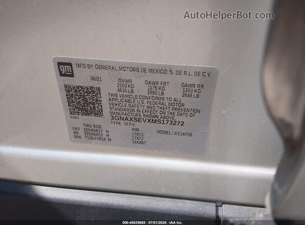 3GNAXSEVXMS173272 2021 CHEVROLET EQUINOX Silver Вид підкапотного простору