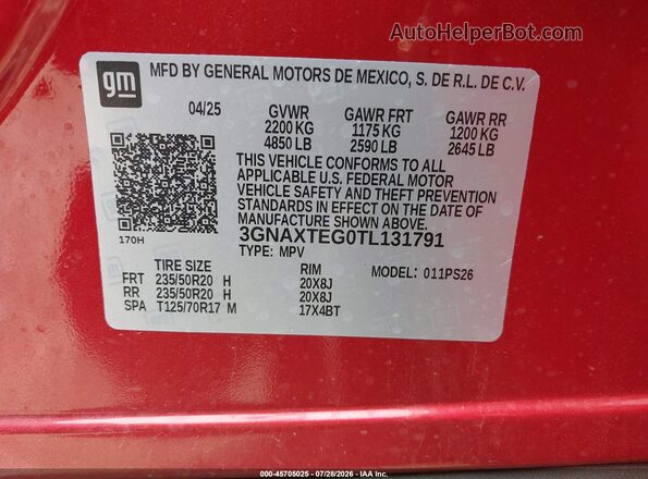 3GNAXTEG0TL131791 2026 CHEVROLET EQUINOX Maroon Շարժիչի բաժամունքի տեսք