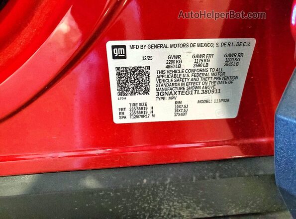 3GNAXTEG1TL380911 2026 CHEVROLET EQUINOX Red VIN კოდის სტიკერის ხედი