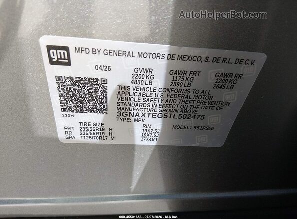 3GNAXTEG5TL502475 2026 CHEVROLET EQUINOX Gray Widok komory silnika