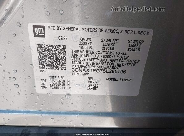 3GNAXTEG7SL285106 2025 CHEVROLET EQUINOX Silver Vista del compartimento del motor