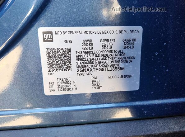 3GNAXTEG8TL189566 2026 CHEVROLET EQUINOX Blue Engine compartment view