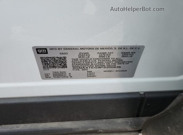 3GNAXTEG9PS200635 2023 CHEVROLET EQUINOX White Vista de la etiqueta del VIN