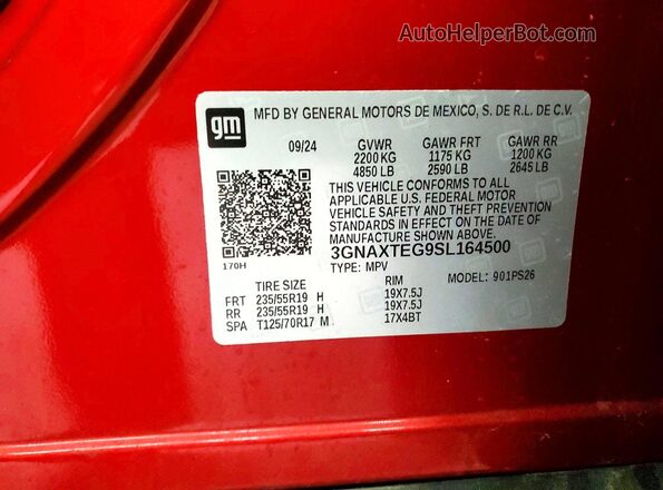 3GNAXTEG9SL164500 2025 CHEVROLET EQUINOX Red Вид наклейки з VIN-кодом