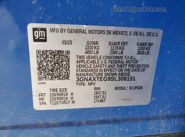 3GNAXTEG9SL306151 2025 CHEVROLET EQUINOX Blue Вид наклейки з VIN-кодом