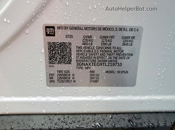 3GNAXTEG9TL219710 2026 CHEVROLET EQUINOX Белый Вид наклейки с VIN-кодом