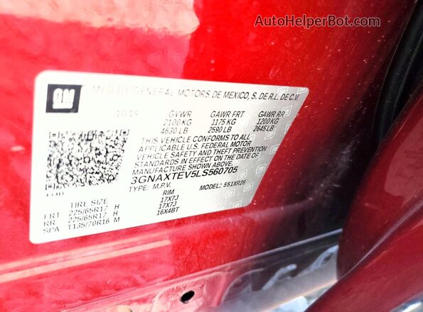3GNAXTEV5LS560705 2020 CHEVROLET EQUINOX Burgundy Widok wnętrza 360 stopni