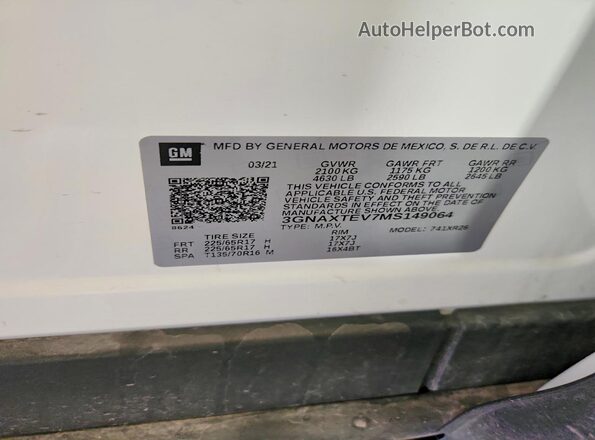 3GNAXTEV7MS149064 2021 CHEVROLET EQUINOX White Widok naklejki z numerem VIN
