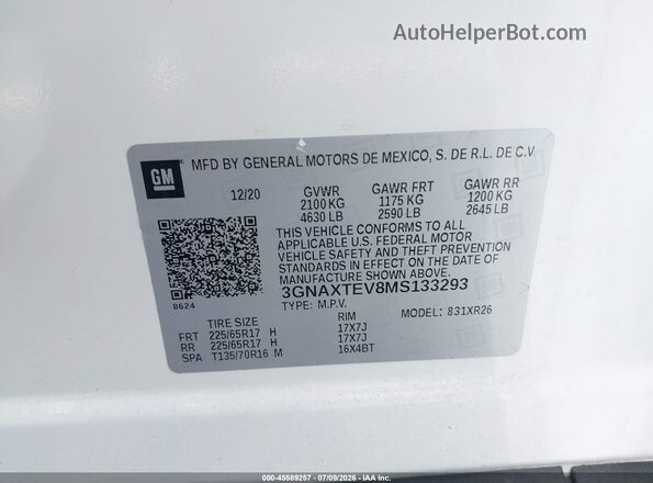 3GNAXTEV8MS133293 2021 CHEVROLET EQUINOX White Engine compartment view