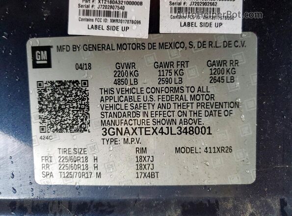 3GNAXTEX4JL348001 2018 CHEVROLET EQUINOX Blue Вид наклейки з VIN-кодом