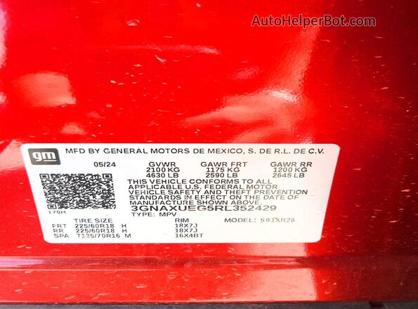 3GNAXUEG5RL352429 2024 CHEVROLET EQUINOX Red Widok naklejki z numerem VIN