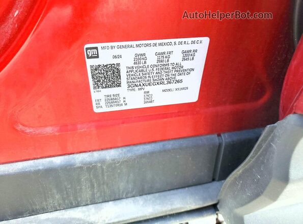 3GNAXUEGXRL367265 2024 CHEVROLET EQUINOX Red Widok naklejki z numerem VIN