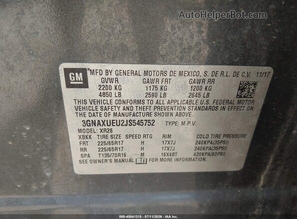 3GNAXUEU2JS545752 2018 CHEVROLET EQUINOX Gray Widok komory silnika