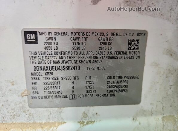 3GNAXUEU4JS602470 2018 CHEVROLET EQUINOX White VIN sticker view