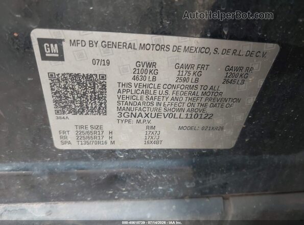 3GNAXUEV0LL110122 2020 CHEVROLET EQUINOX Black ძრავის განყოფილების ხედი