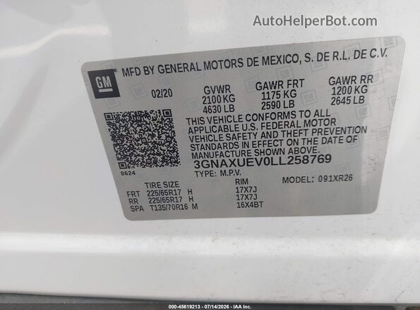 3GNAXUEV0LL258769 2020 CHEVROLET EQUINOX Белый Вид подкапотного пространства