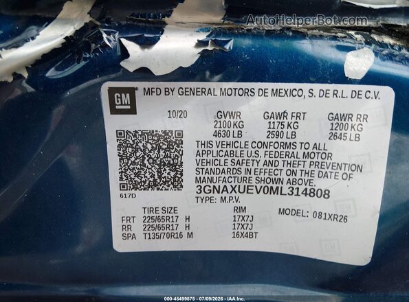3GNAXUEV0ML314808 2021 CHEVROLET EQUINOX Blue ძრავის განყოფილების ხედი