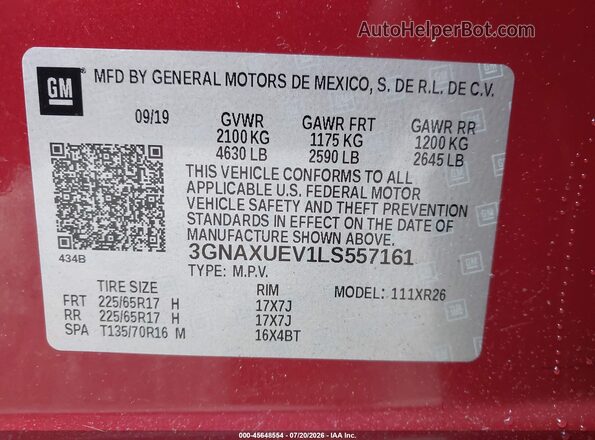 3GNAXUEV1LS557161 2020 CHEVROLET EQUINOX Red ძრავის განყოფილების ხედი