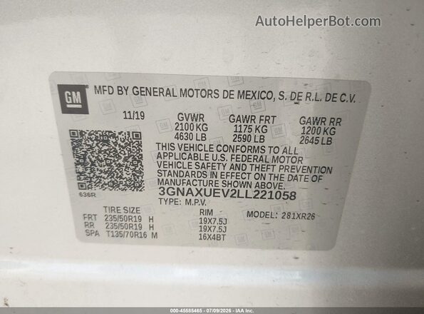 3GNAXUEV2LL221058 2020 CHEVROLET EQUINOX Silver ძრავის განყოფილების ხედი