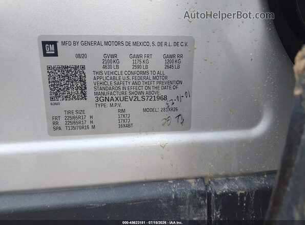 3GNAXUEV2LS721968 2020 CHEVROLET EQUINOX Silver Շարժիչի բաժամունքի տեսք