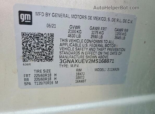 3GNAXUEV2MS168871 2021 CHEVROLET EQUINOX Silver VIN sticker view