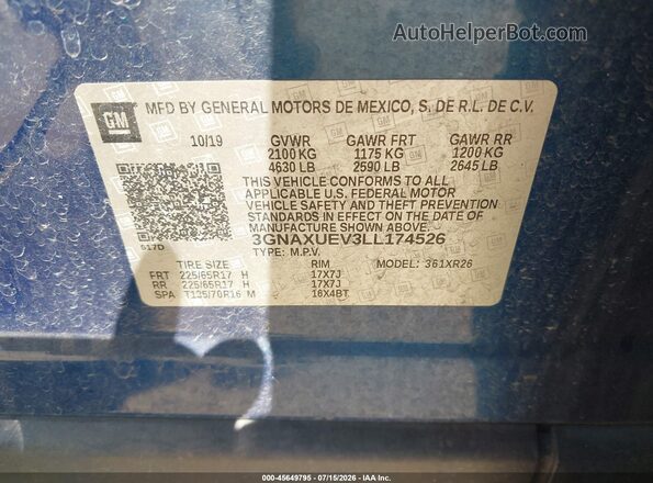 3GNAXUEV3LL174526 2020 CHEVROLET EQUINOX Blue Widok komory silnika