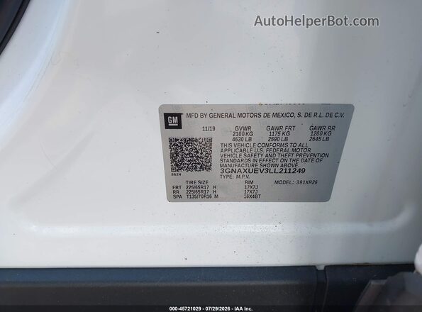 3GNAXUEV3LL211249 2020 CHEVROLET EQUINOX White Engine compartment view