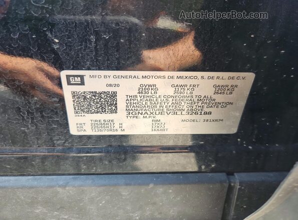 3GNAXUEV3LL326188 2020 CHEVROLET EQUINOX Черный Вид наклейки с VIN-кодом