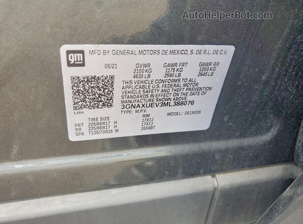3GNAXUEV3ML388076 2021 CHEVROLET EQUINOX Gray VIN կոդի պիտակի տեսք