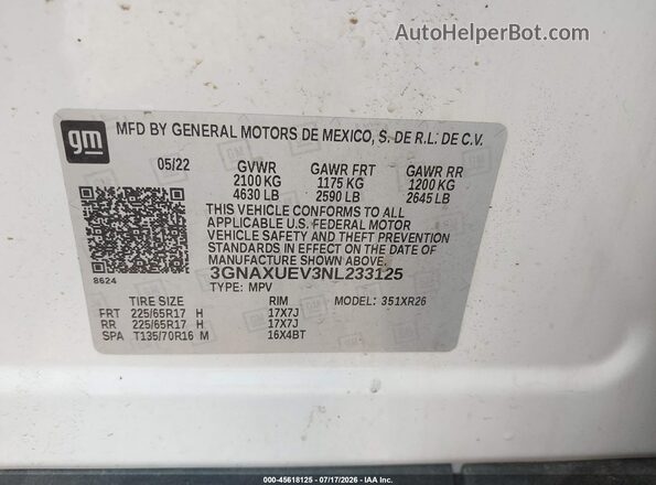 3GNAXUEV3NL233125 2022 CHEVROLET EQUINOX Белый Вид подкапотного пространства